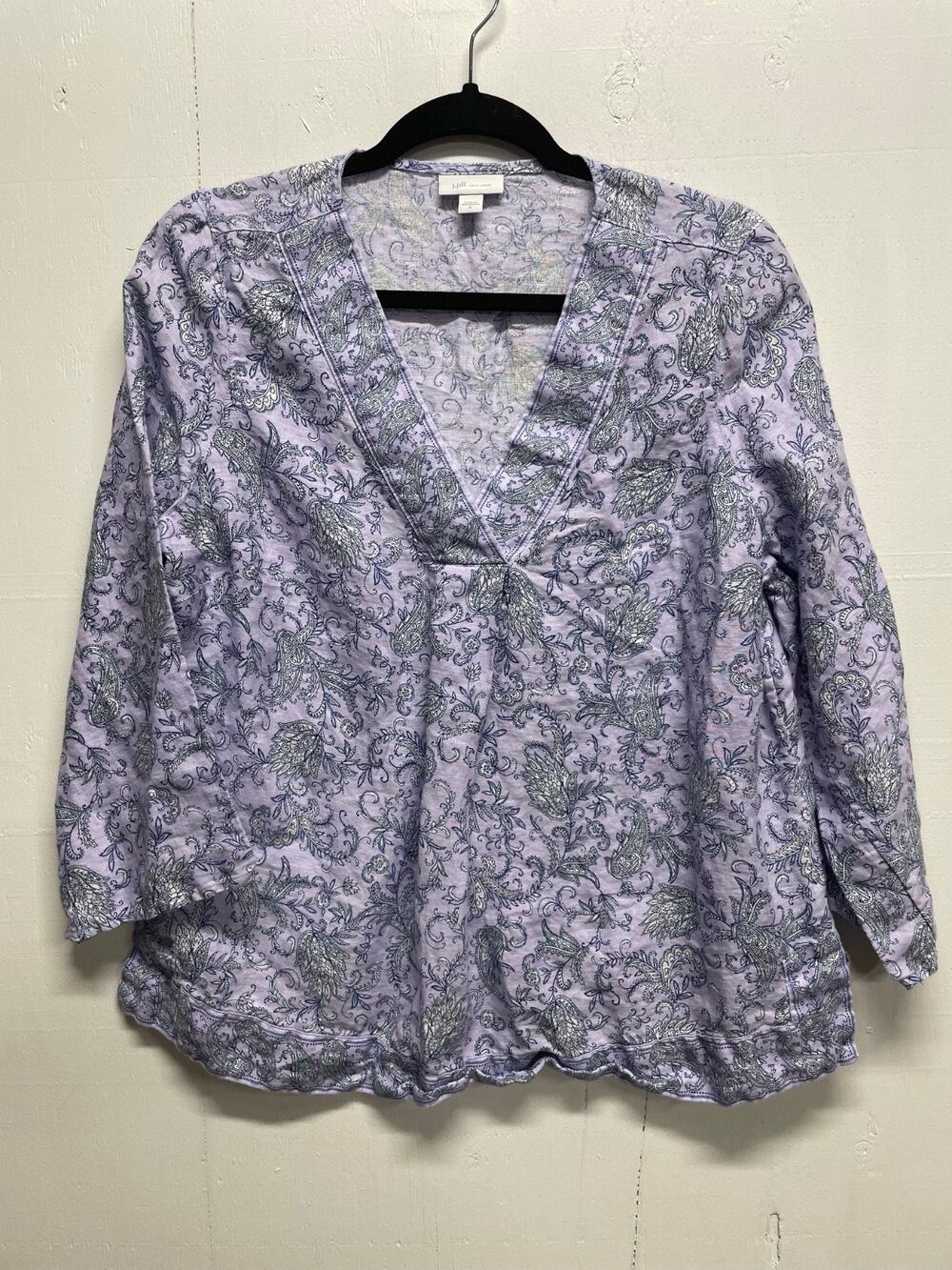 J Jill Love Linen Purple Paisley Boho Popover Blouse Border Print Size Medium
